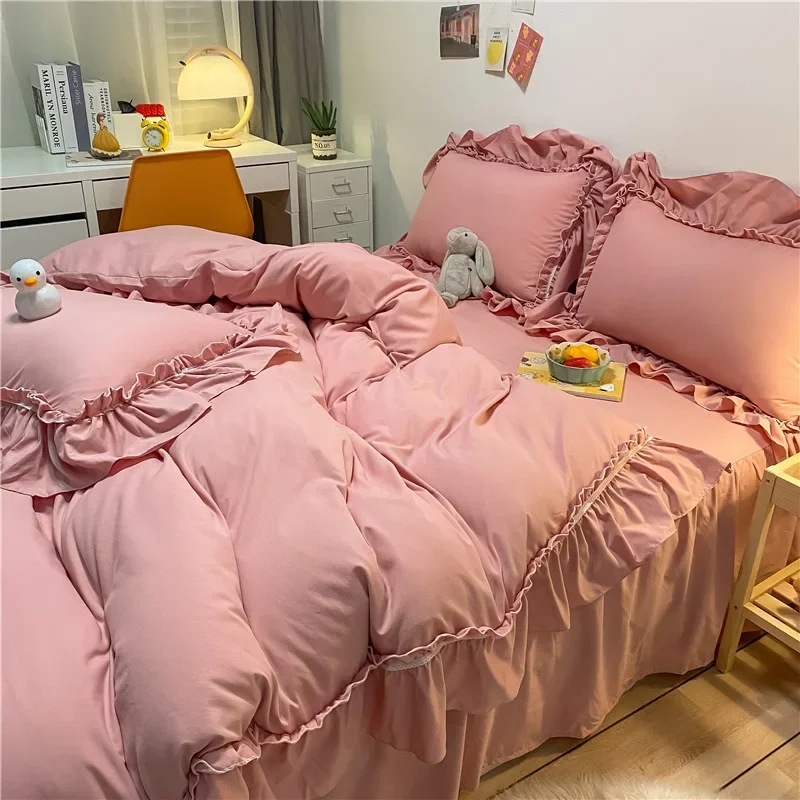 Korean Solid Pure Cotton Bed Skirt Bedding Sets Washed Comforter Cover Set with Lace Princess Soft Skin-Friendly Bedclothes