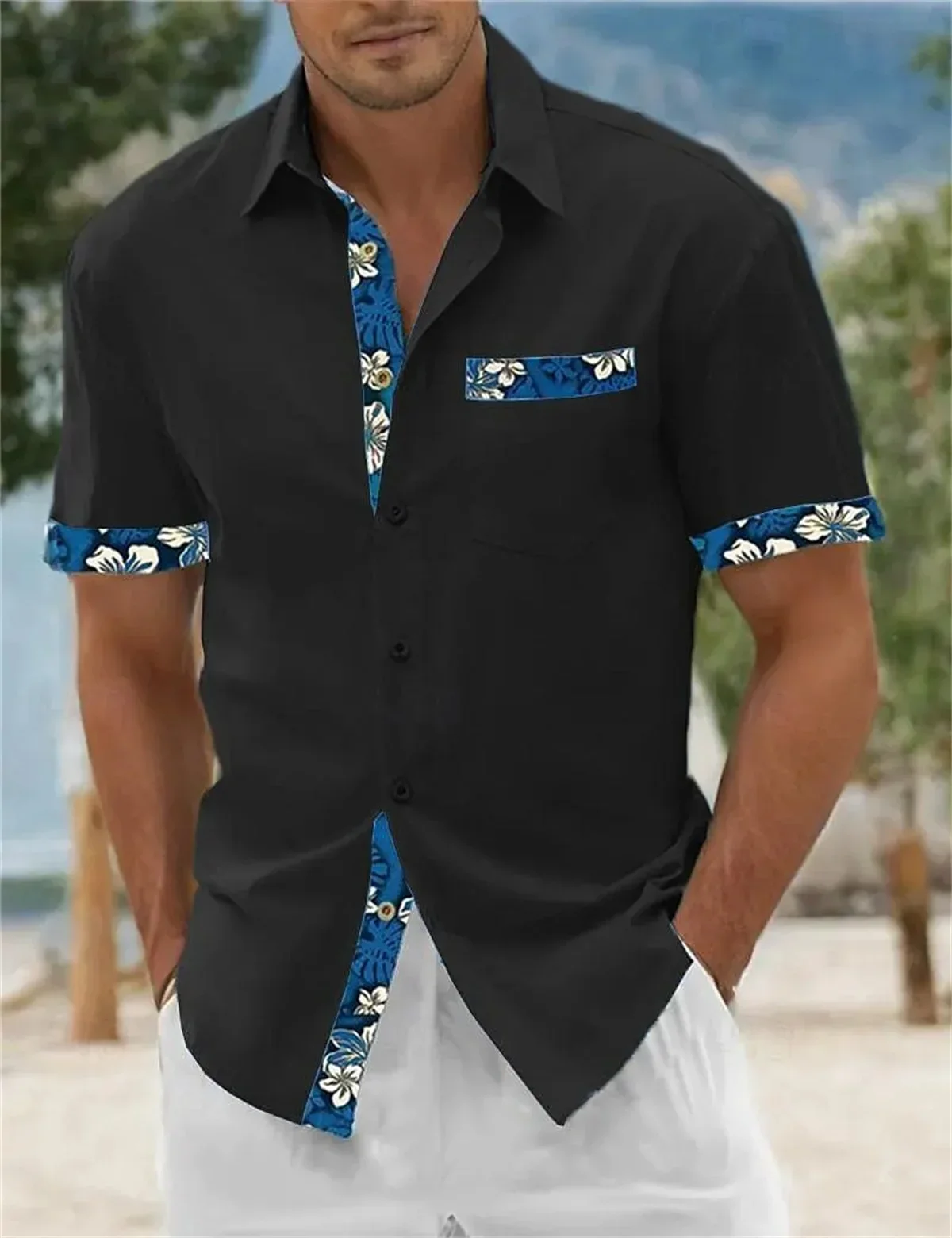 2024 Nieuwe Heren Effen Kleur Patchwork Zak Flip Kraag Korte Mouwen Shirt Mode Zomer Casual Tiki Serie Hawaiian Shirt