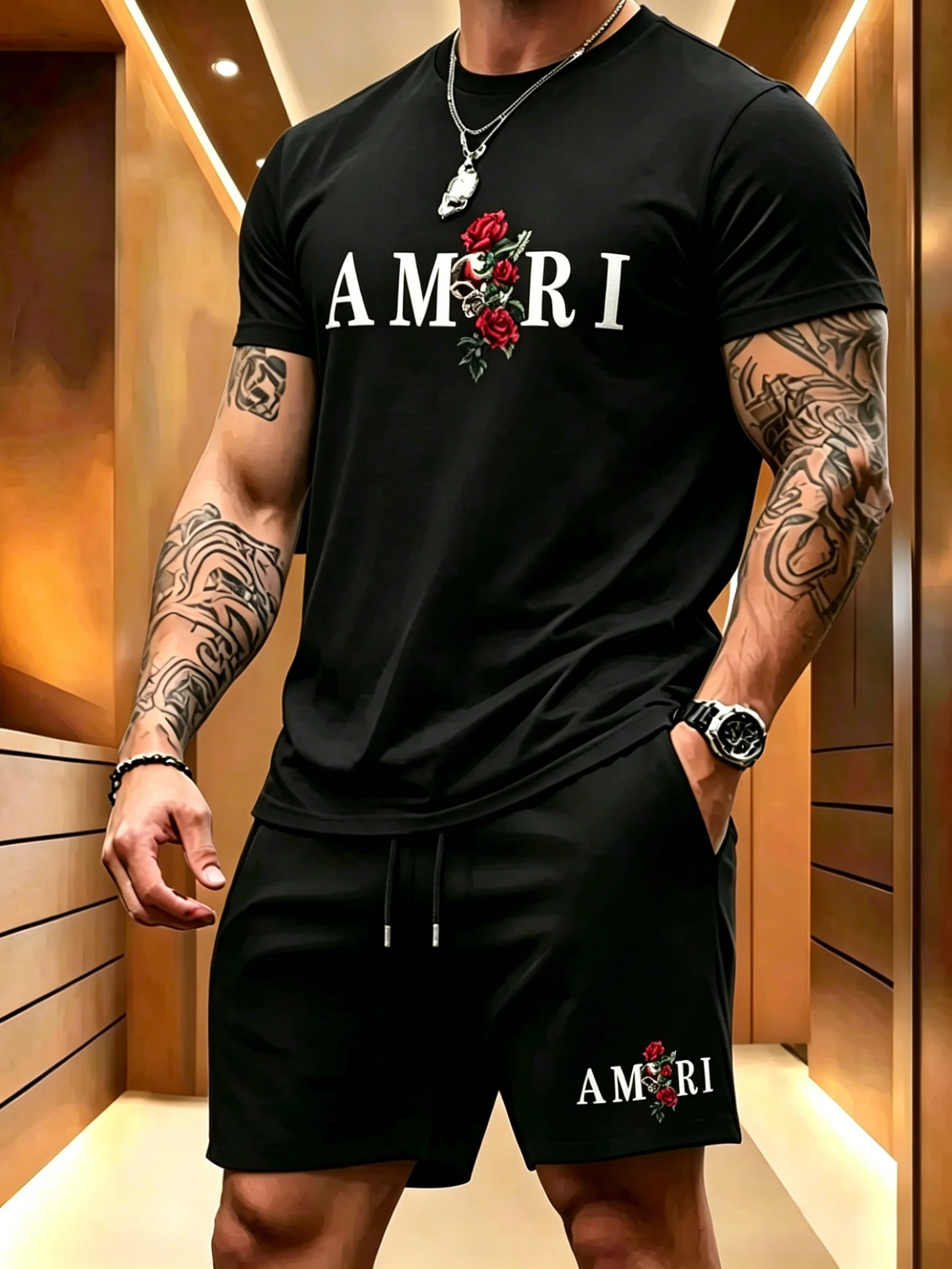 

2026 summer T-shirt shorts short sleeved two-piece men's casual sports suit fashionable casual trendy clothing Sportswear set