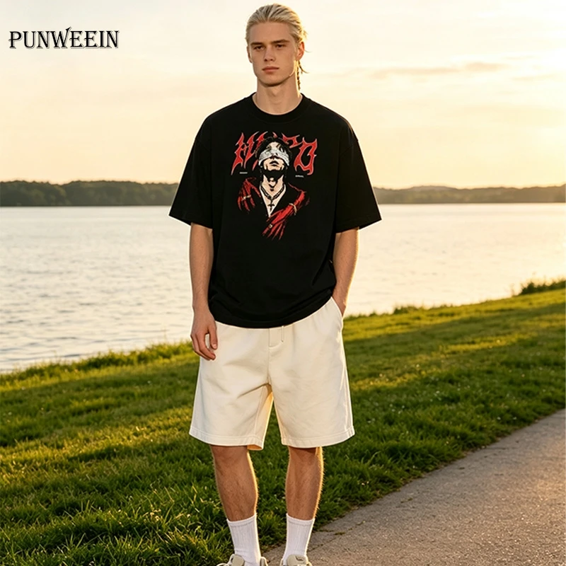 Men's Retro Gothic Blindfold Man Graphic T-shirt Y2K Dark Punk Streetwear Style Pure Cotton Top Aesthetic Harajuku Pullover Tee