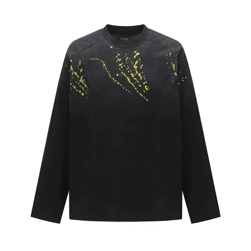 Splash Ink Print Men Long Sleeve T-shirt Crew Neck Niche American Style Street Fashion Tops Autumn New Pullovers FGR6