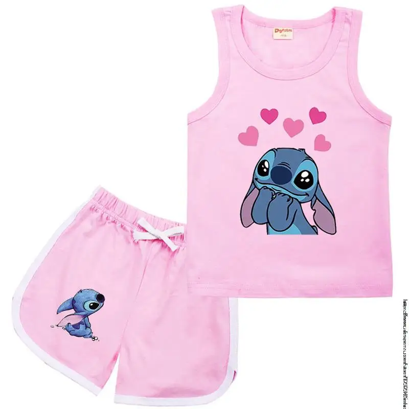 Disney Stitch abbigliamento sportivo vestito bambini moda tempo libero senza maniche ragazze gilet + t-shirt 2 pezzi set bambini primavera estate