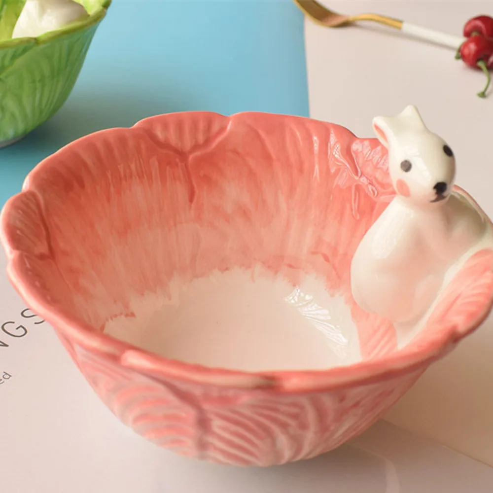 400ML Cartoon Rabbit Salad Bowls Soup Ceramic Bowls Spoon Cute Cereal Fruits Porcelain Bowls For Girls Kids Gift