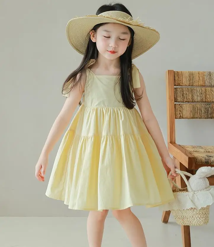 Girls Casual Dresses Solid Color Lace-up Dress Casual Dress with Halter Straps Kids Clothes for Girls 2 To 7 Years