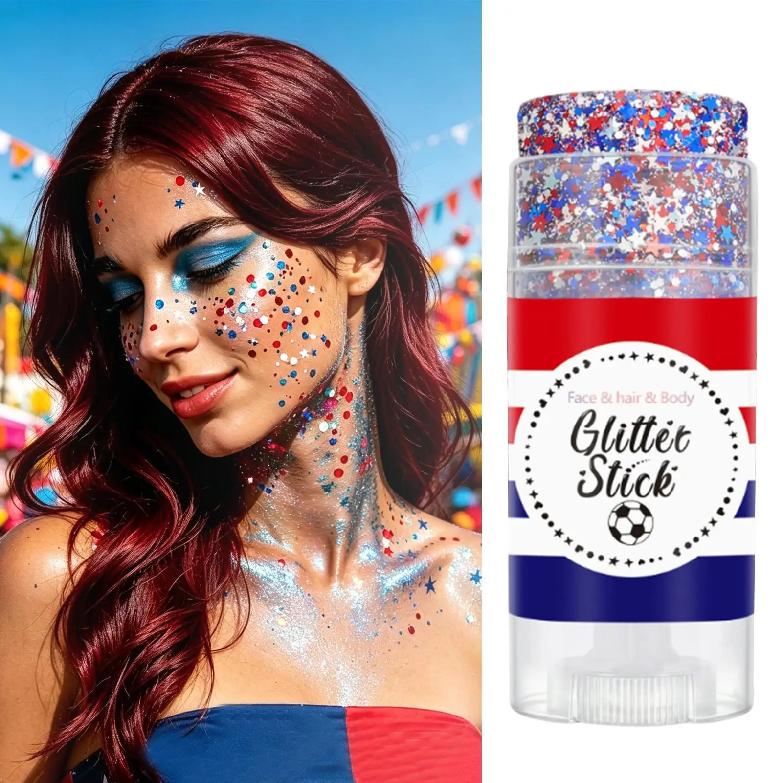 Body Glitter Stick Sequins Red White Blue Portable Hair Glitter Face Paint Patriotic Body Makeup For Women Girls Christmas