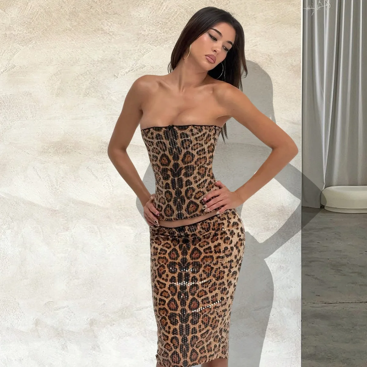 Women's Best-selling Autumn New Arrival Backless Navel-Exposing Printed Sequin European and American Leopard Print Set