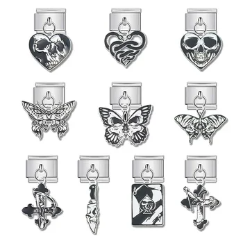 الإيطالية سحر الفولاذ المقاوم للصدأ سوار 9 مللي متر الربط وحدة قلادة DIY بها بنفسك مجوهرات الرجعية القوطية الجمجمة فراشة أجزاء فاسق الظلام