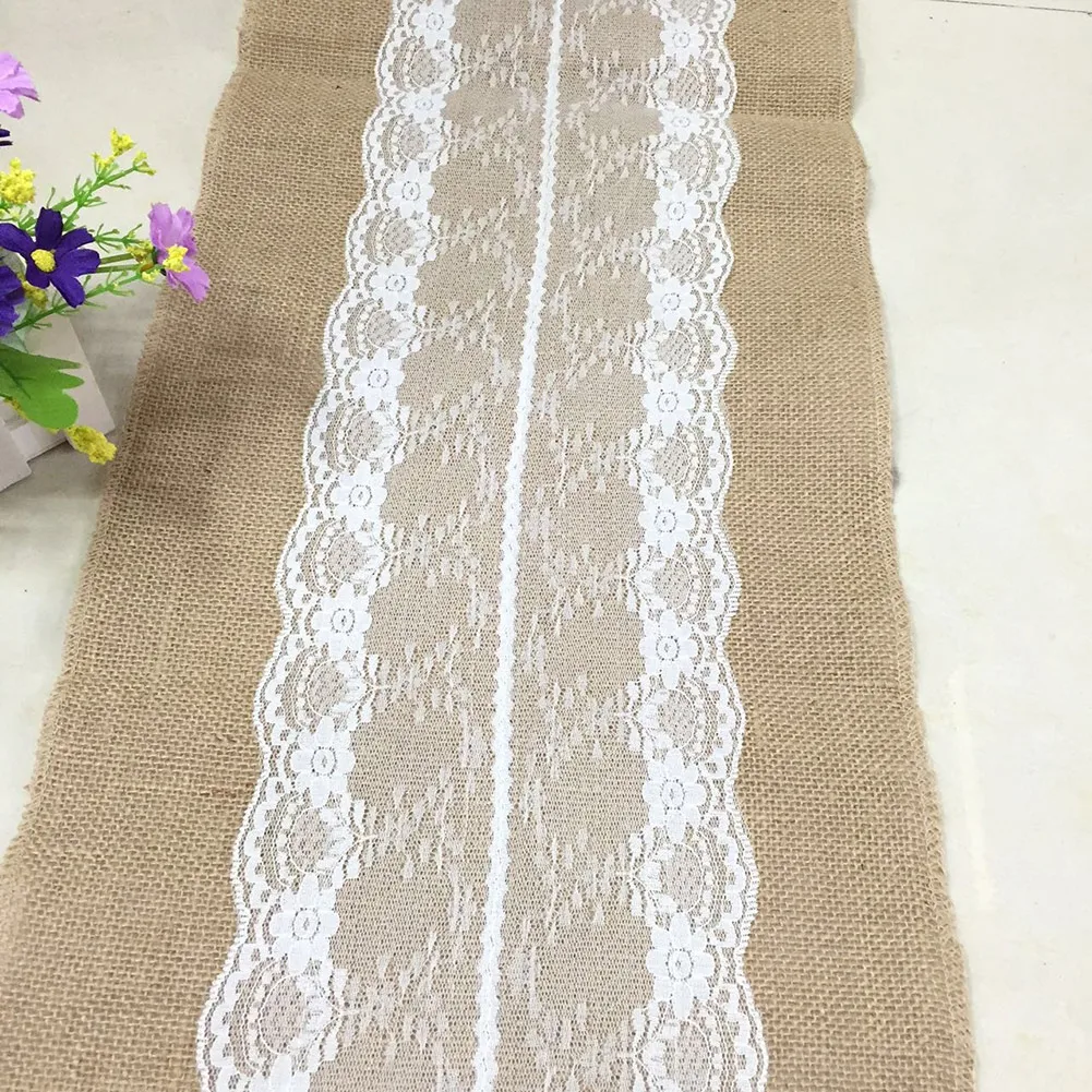 Vintage Burlap Jute Linen Table Runner Lace Cloth Dinning Room Table Gadget Home Decor Accessory New