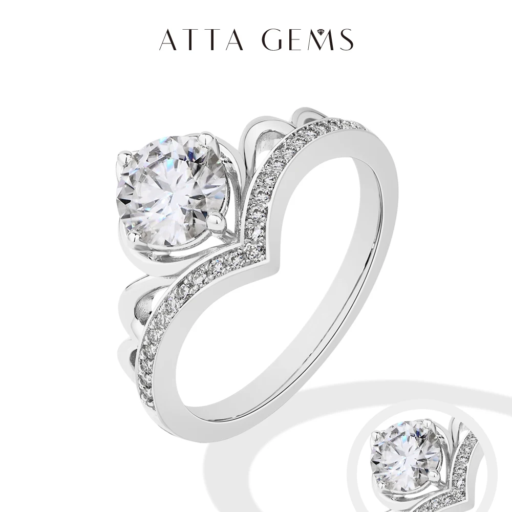 

ATTAGEMS Round Cut 1ct Moissanite Rings DVVS1 S925 Sterling Silver For Women Crown Princess Engagement Wedding Ring High Jewelry