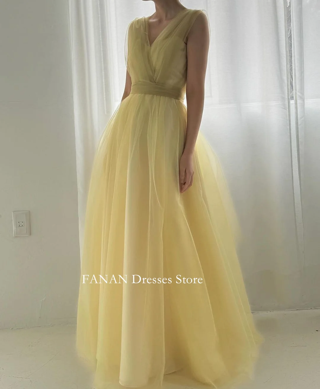 FANAN V-Neck Evening Party Dresses Korea Yellow Sleeveless Customized Wedding Women  Gowns Event Prom Gowns Customized