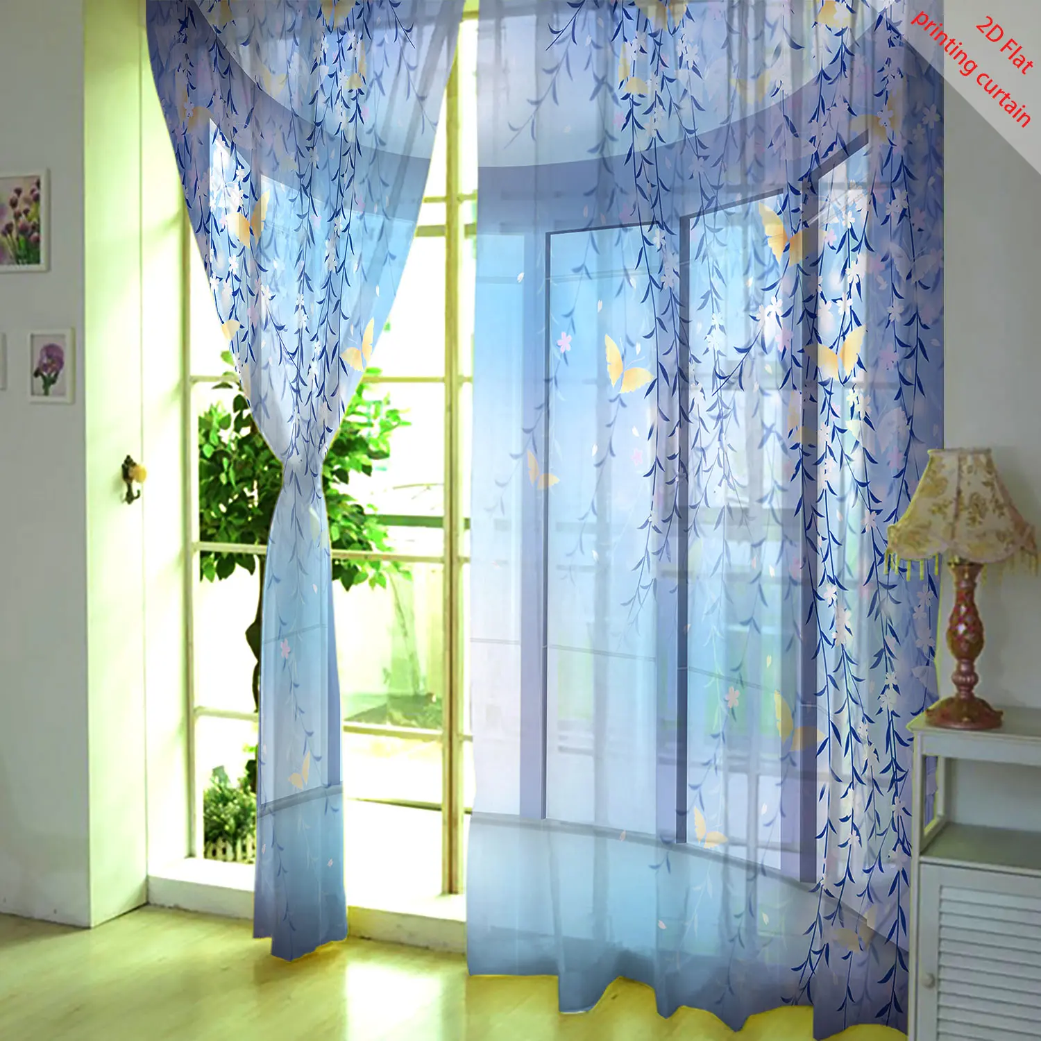 Plant leaf pattern printed transparent gauze curtain, home art decoration, bedroom, living room, kitchen, balcony decoration