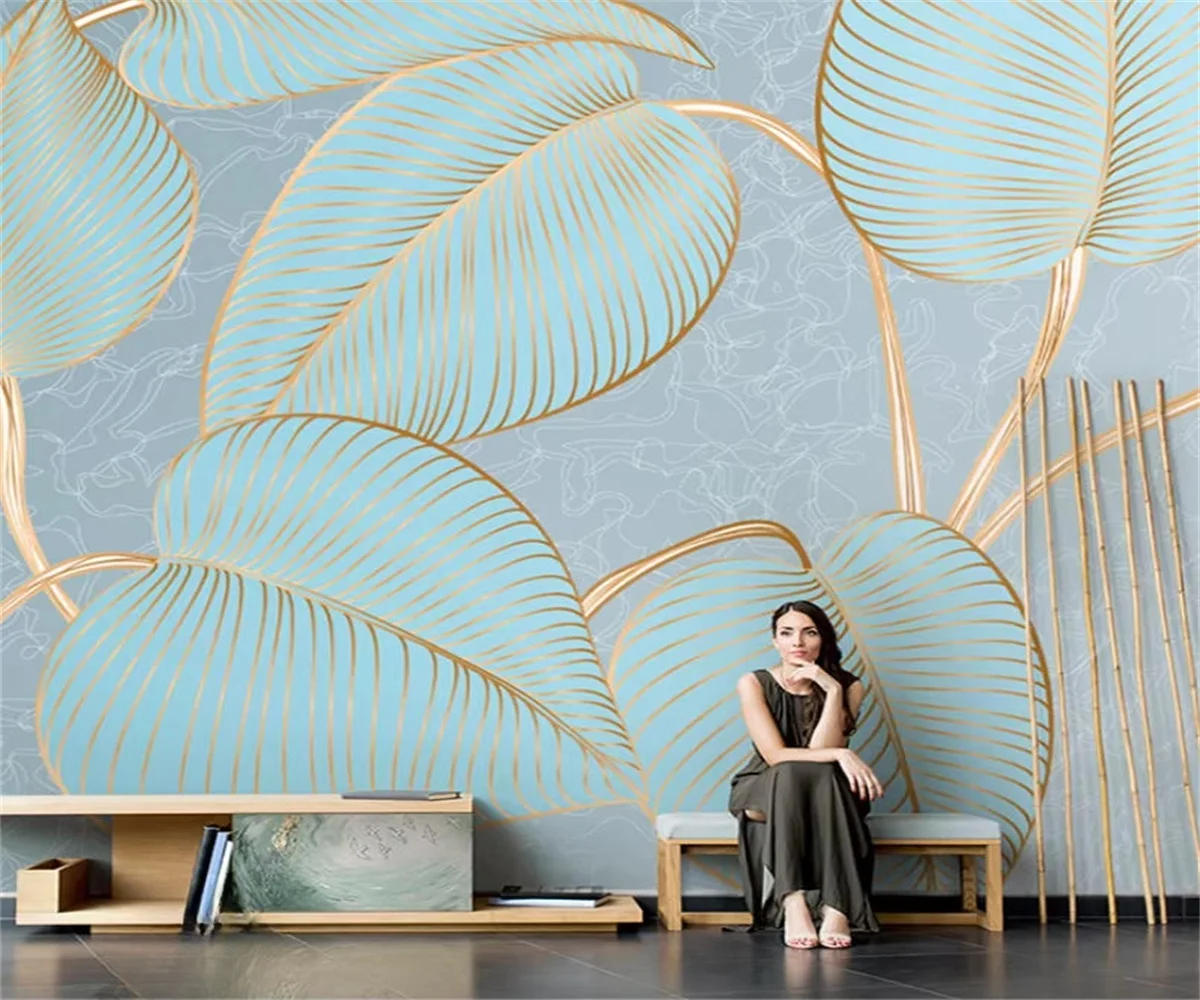 Customize Wallpaper Any Size with Gold Border Blue Leaf Abstract Wallpaper Modern Bedroom Dining Room Background Wall Decoration