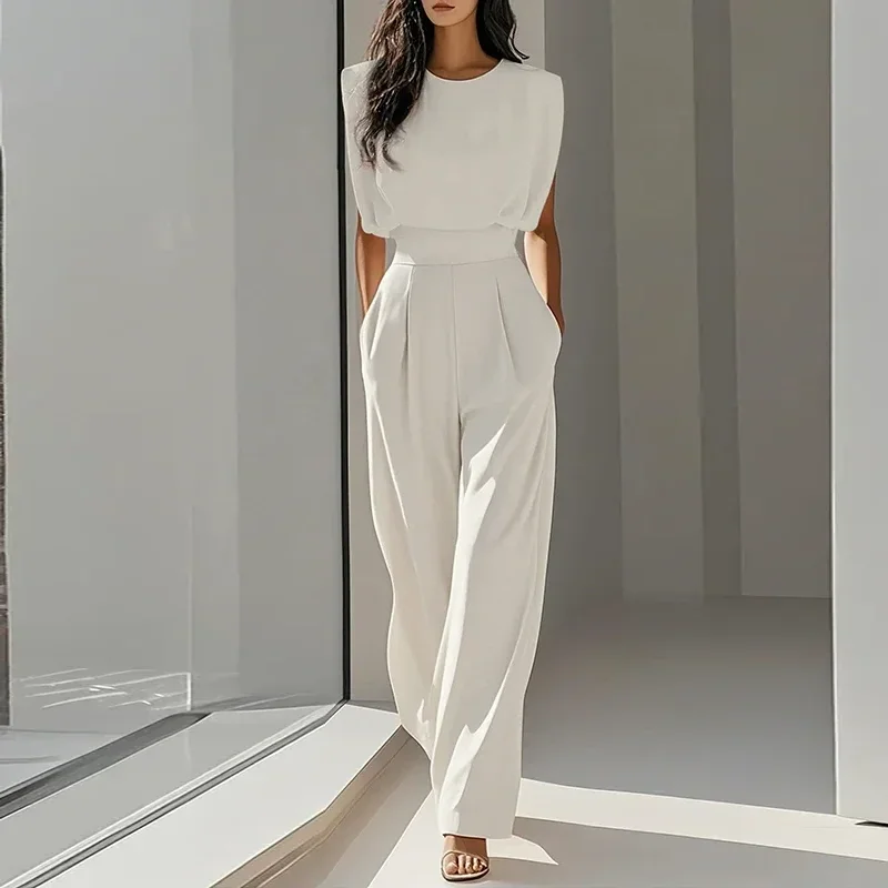 Women's Clothing Trend 2025 Spring O Neck Solid Slim Jumpsuit Elegant High Waist Pocket Office Romper Summer Sleeveless Overalls - Image 2