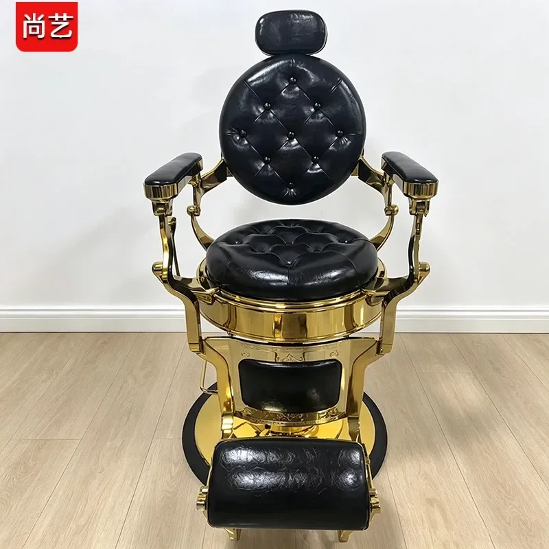 Retro Barber Chair Hydraulic Lift Reclining Black Gold Oil Head Chair For Barber Shop Special Shave Cross-border