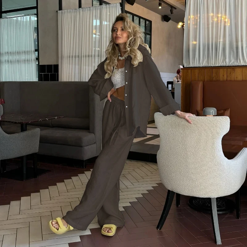 Conjunto de pantalones y camisa rosa con solapa acogedora informal para mujer, blusas con una botonadura, conjunto de pantalón con cintura elástica, trajes sueltos de primavera 2025