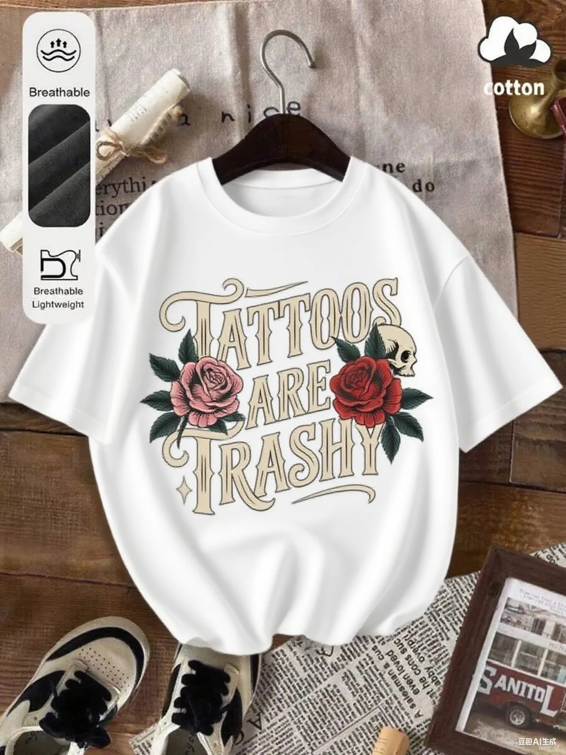 

Татуировка в стиле ретро «TATTOOS ARE TRASHY» — вдохновленный рисунком из чистого хлопка, высококачественный летний новый принт с короткими рукавами, свободный и универсальный