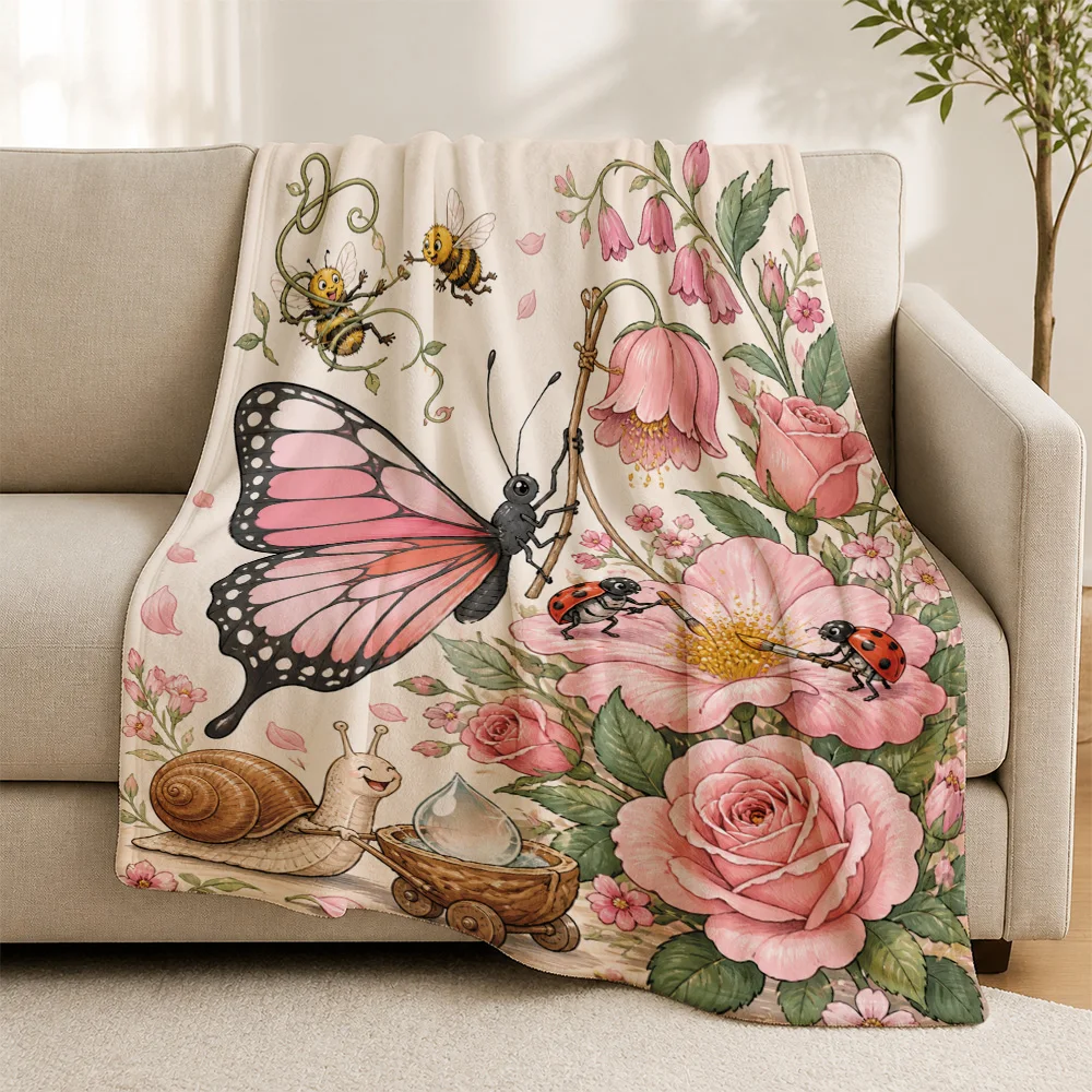 Highly Decorative Cottagecore Floral Print Throw Blanket Butterfly Bee Garden Botanical Sofa Cozy Tapestry Couch Accent Throw fo