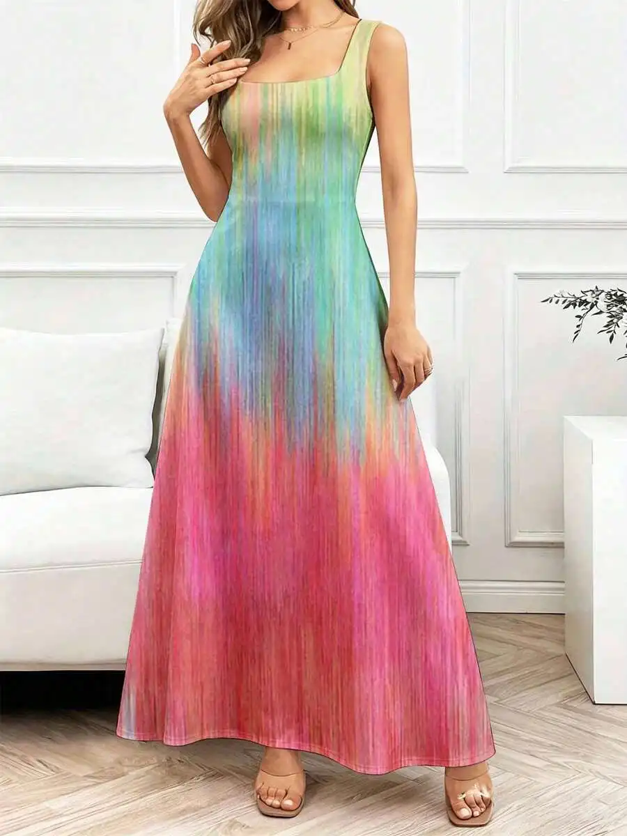 

Colorful Tie Dye Maxi Dress Square Neck Flowing Flare Casual Women
