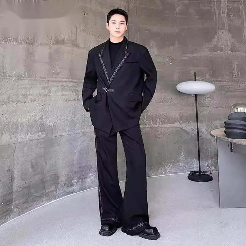 Autumn Trendy Male Set Metal Chain Design Lapel Wide Suit Jacket Personalized Wide Leg Flared Pants Men Two-piece CDR56