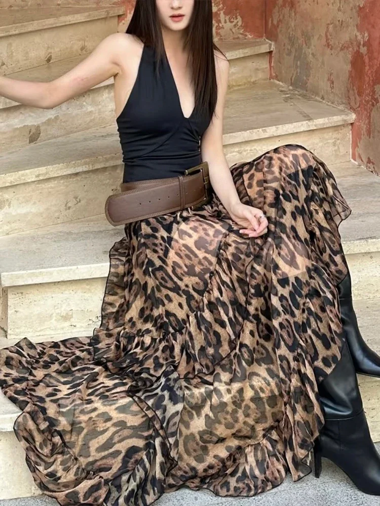 Letnia marszczona spódnica warstwowa damska w panterkę z wysokim stanem, elastyczna, w stylu spicy girls, modny trend, dziki streetwear