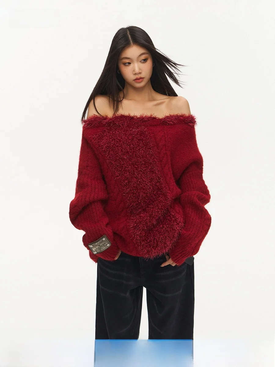 

NAWS New Year Limited Edition oulder Bared Feather Yarn Sweater Loose Lazy Thiened Tied Knitwear round Ne Long Sve