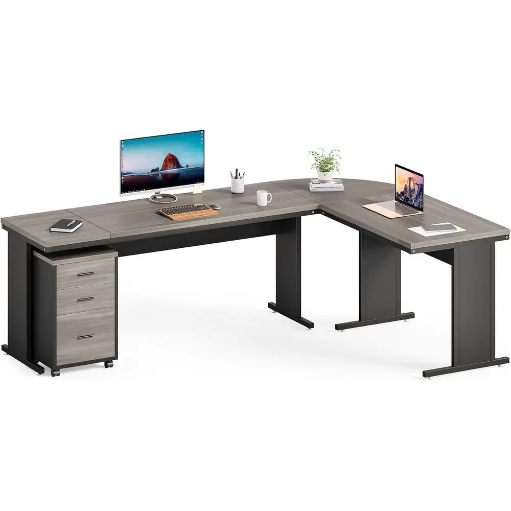 

Large L-Shaped Office Desk with Storage, Gray, for Home or Work Use