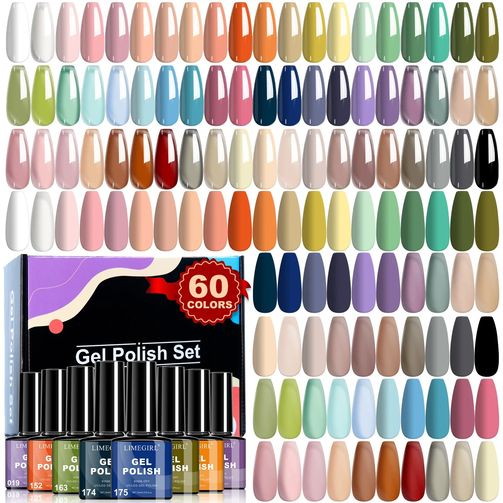 60 Piece Gel Nail Polish Set with 8ml Nude and Solid Color Bottles, UV Gel Kit for Home Manicure, Salon Style Nail Art Practice