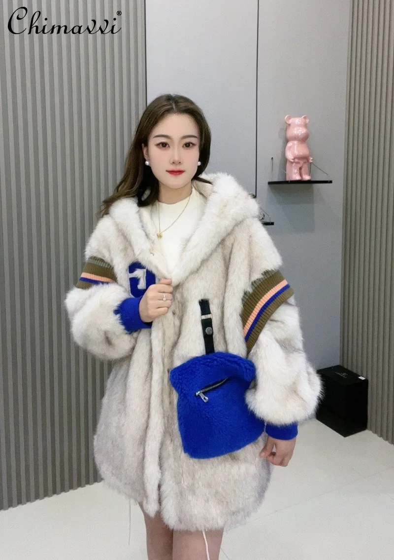 

Winter New European Style Loose Fur Hooded Coat Fashion Letter Heavy Long Sleeve Warm Elegant Women's Faux Fur Jackets