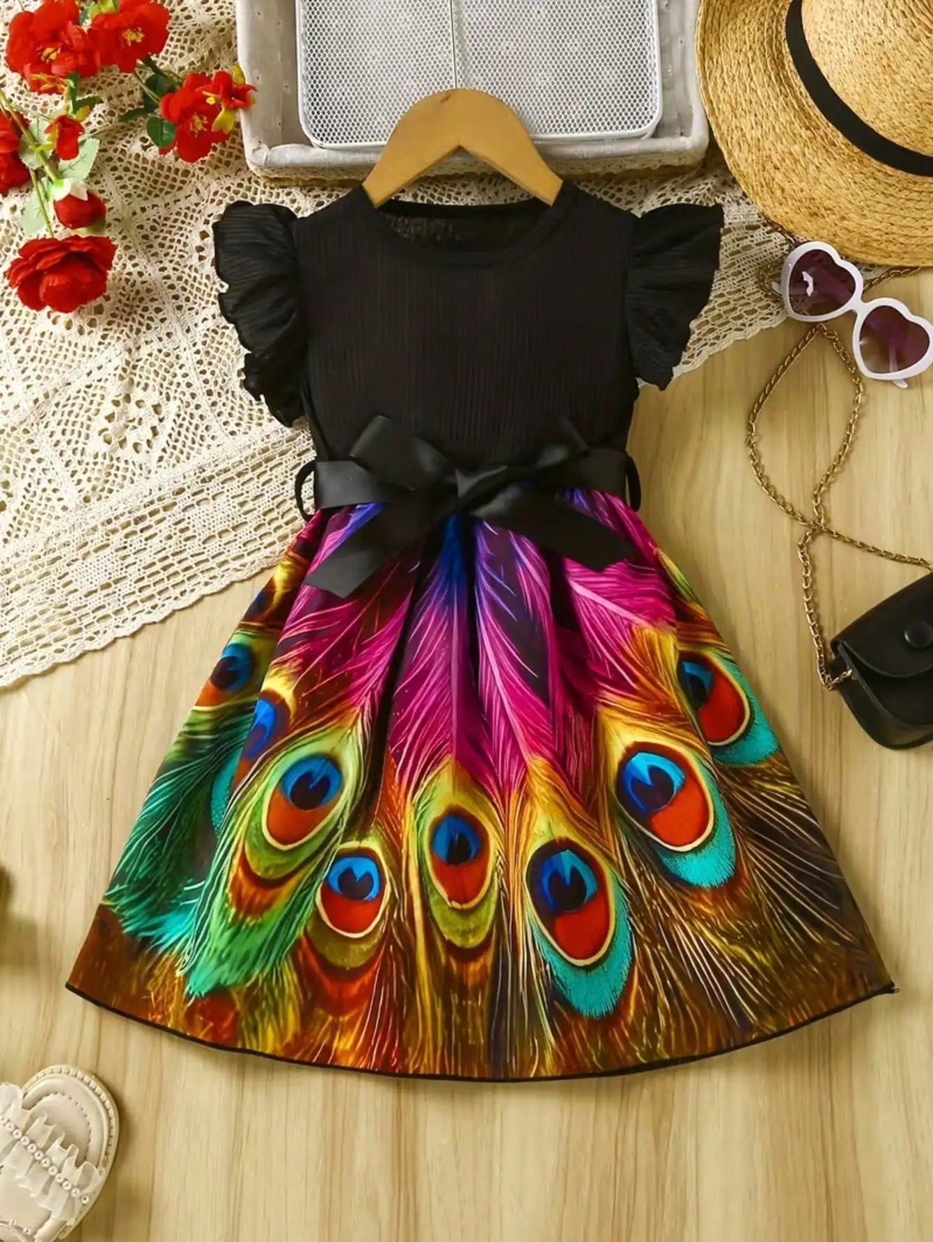 Children's Peacock Tail Printed Dress Sleeveless round Neck Ruffle Edge Waist Cinching Tie Bow Long Skirt