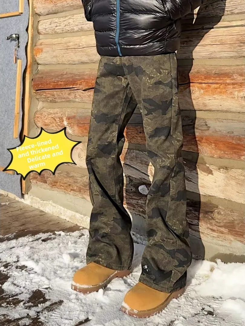 

Retro American Camouflage Jeans Men Loose Large Size Straight Leg Slimming Denim Winter Fce Warm Micro Flare Long Trousers