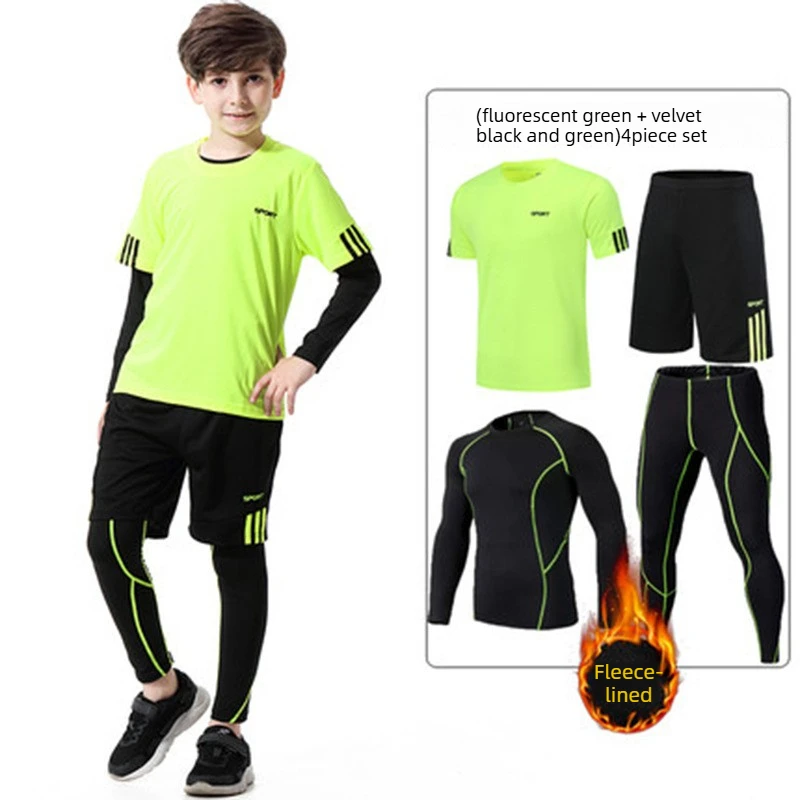 Autumn Winter 4 Piece Thermal Sportswear Set for Adults & Kids,Fleece Lined Thick Compression Base Layer Outfit,Workout Training