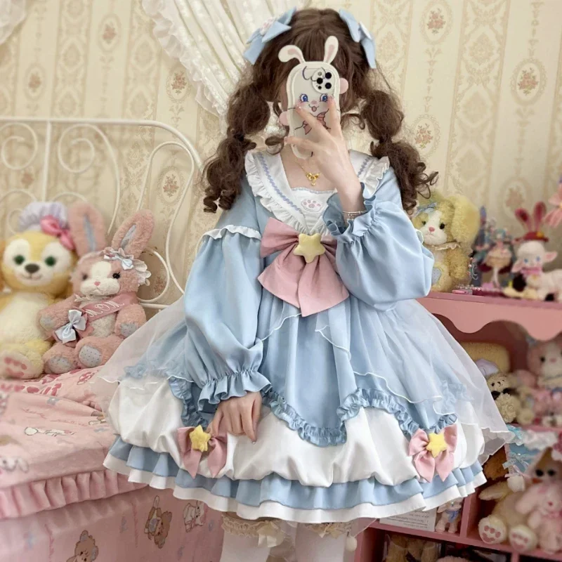 2025 Japanese Kawaii Lolita Style Dress Women Sweet Star Bow Sailor Collar Long Sleeves Princess Dresses Cute Ruffles Mesh Dress