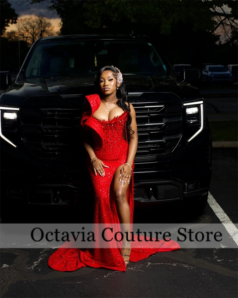 

Aso Ebi Red Tassels Crystal Mermaid Evening Dresses 2025 Beaded African Wedding Party Gowns For Women Prom Dress Customized