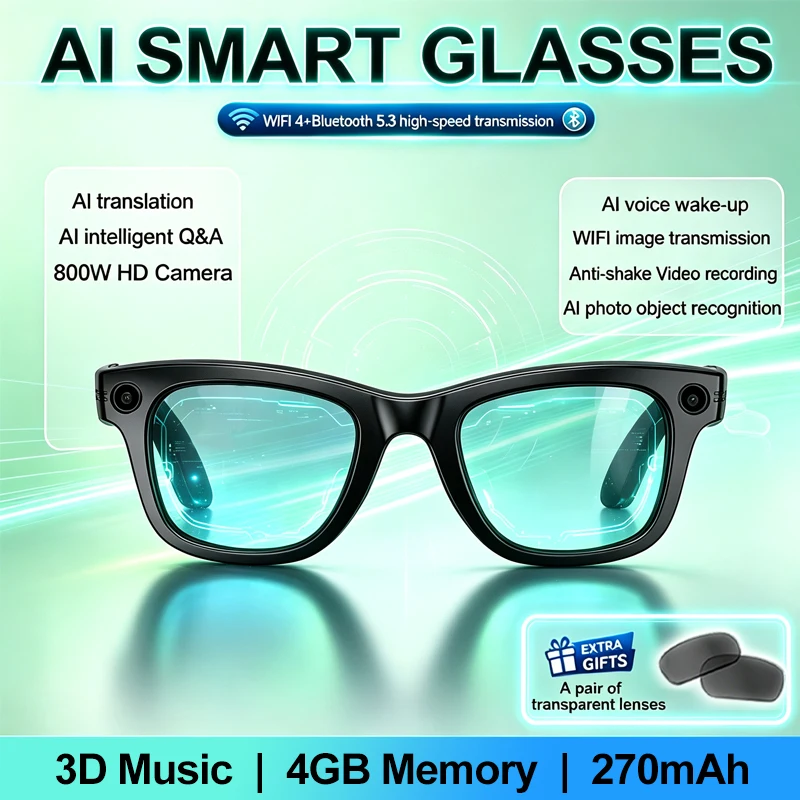 2026 Smart Glasses 800W Camera WIFI Al Translation Transmission Photo & Object Recognition Al Voice Wake-up Music Smart Glasses