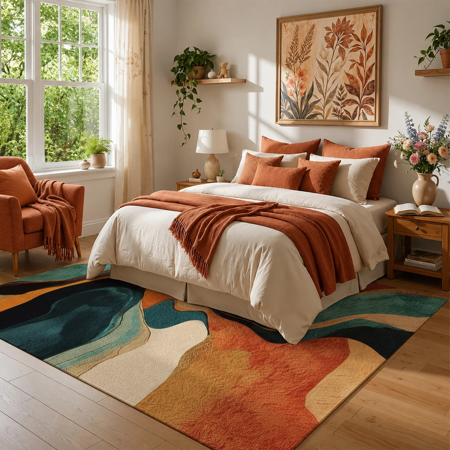 Large Indoor Area Rug, Soft Velvet Low Pile Rug with Non-slip Dotted Backing, Machine Washable Abstract Fluid Art Pattern in Terracotta, Teal & Mustard, Ideal for Living Room, Bedroom and Entryway