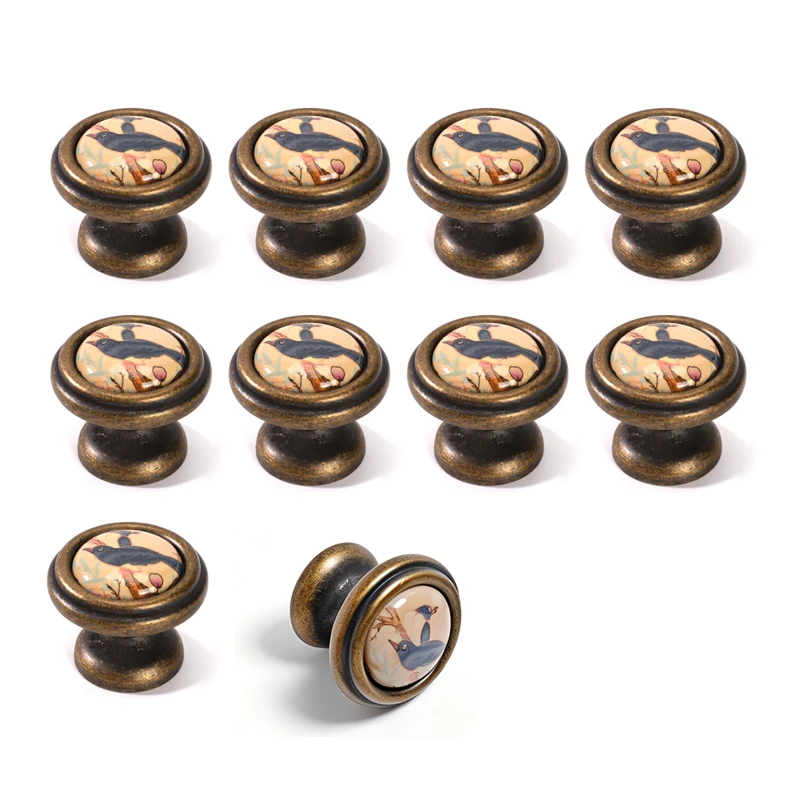 10 Pack Ceramic Bird Cabinet Knobs, Blue Magpie Drawer Pulls, Single Hole Round Dresser Handles, Bronze Decorative Door Knobs