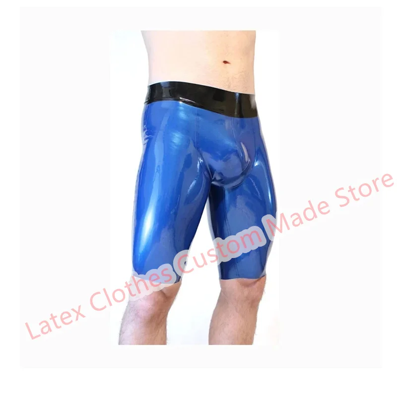 Sexy Black 100% Natrual Latex Panties Rubber Men Boxer Shorts Blue with Black Short Pants