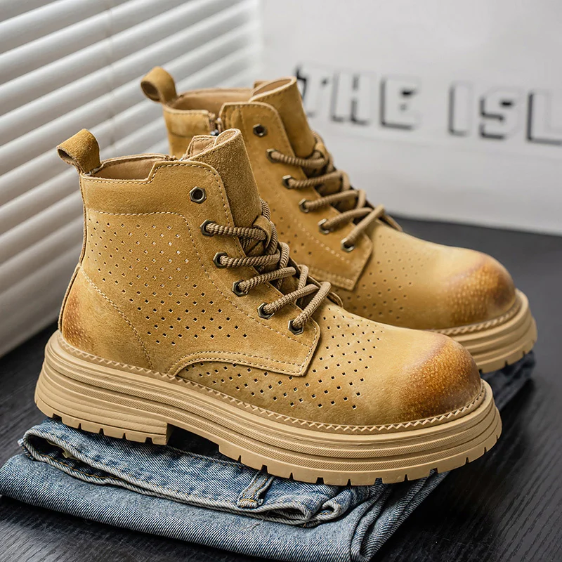 

Мужские ботильоны в британском стиле, дышащие кожаные ботинки с вырезами, мужская обувь на платформе с высоким берцем, мужская рабочая обувь botas para hombre