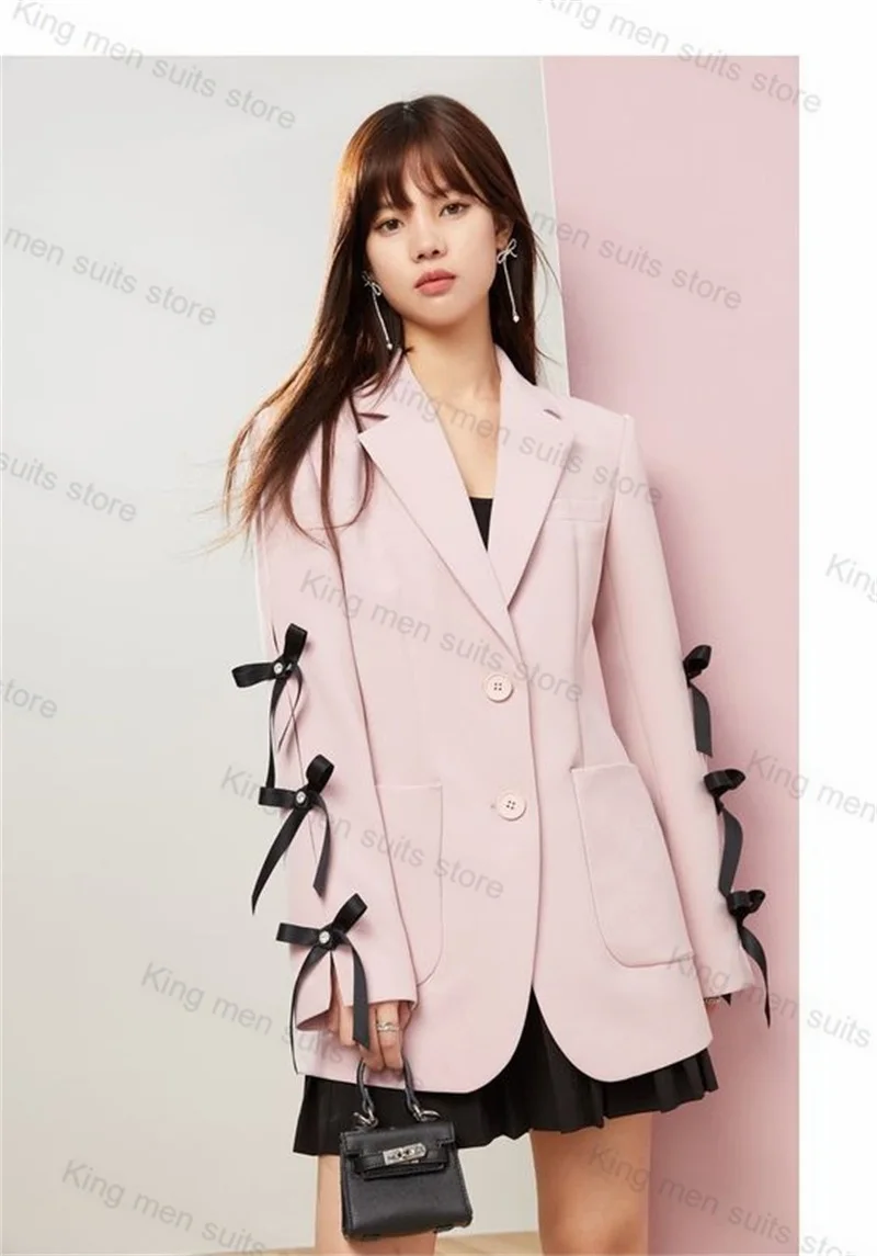 Pink Women Suit Pants Set 2-Piece Lace Up Wedding Blazer+Long Trousers Prom Dress Formal Office Lady Jacket Coat Tailor Tuxedo