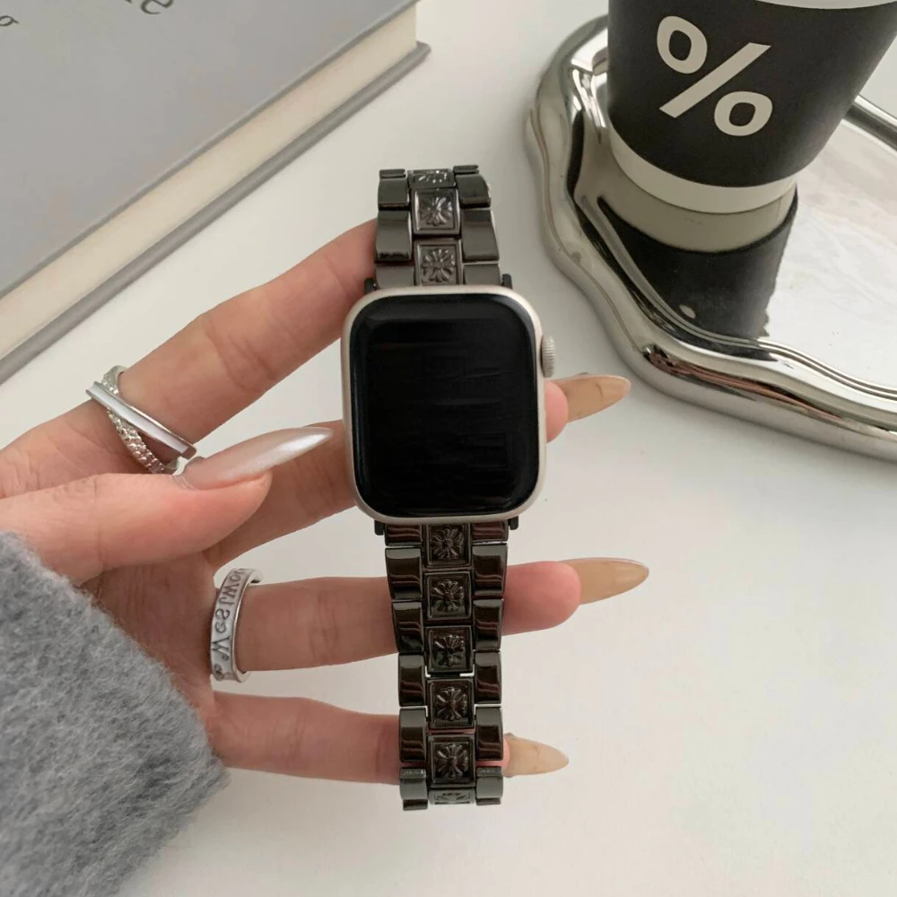 Womens Stainless Steel Band For Apple Watch 38mm 40mm 41mm 42mm 44 45mm Luxury Bracelet For iWatch Series 9 8 7 6 5 4 se 3 Strap