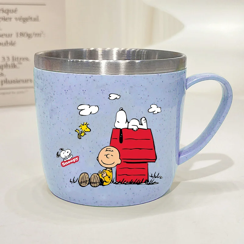 Tazas de Acero Inoxidable de Doble Capa Anti-escaldaduras Snoopys con Asa de Plástico, Taza de Café y Leche, Linda Taza de Agua con Diseño de Anime, Vaso para el Hogar y la Oficina