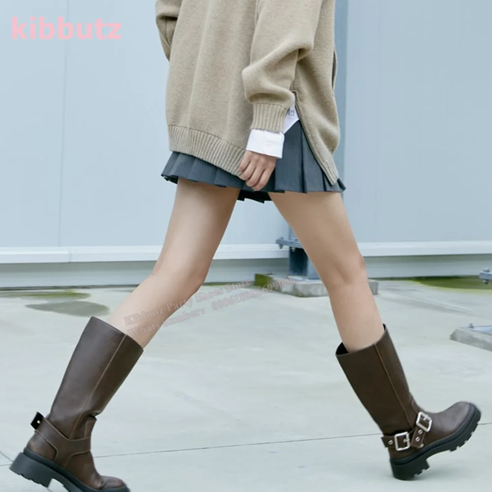 Belt Buckle Biker-Style Boots Knee High Round Toe Flat With Genuine Leather Slip-On Women Fashion Sexy Concise Shoes 2023 Newest