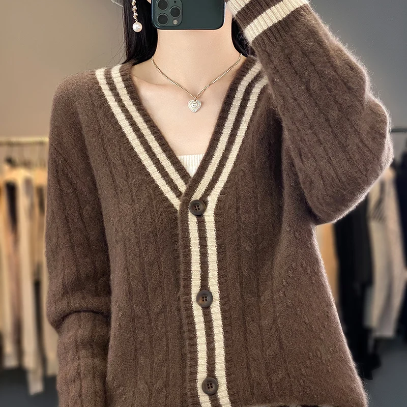 100% pure wool cardigan coat female autumn and winter new V-neck Korean cashmere sweater loose knit coat female