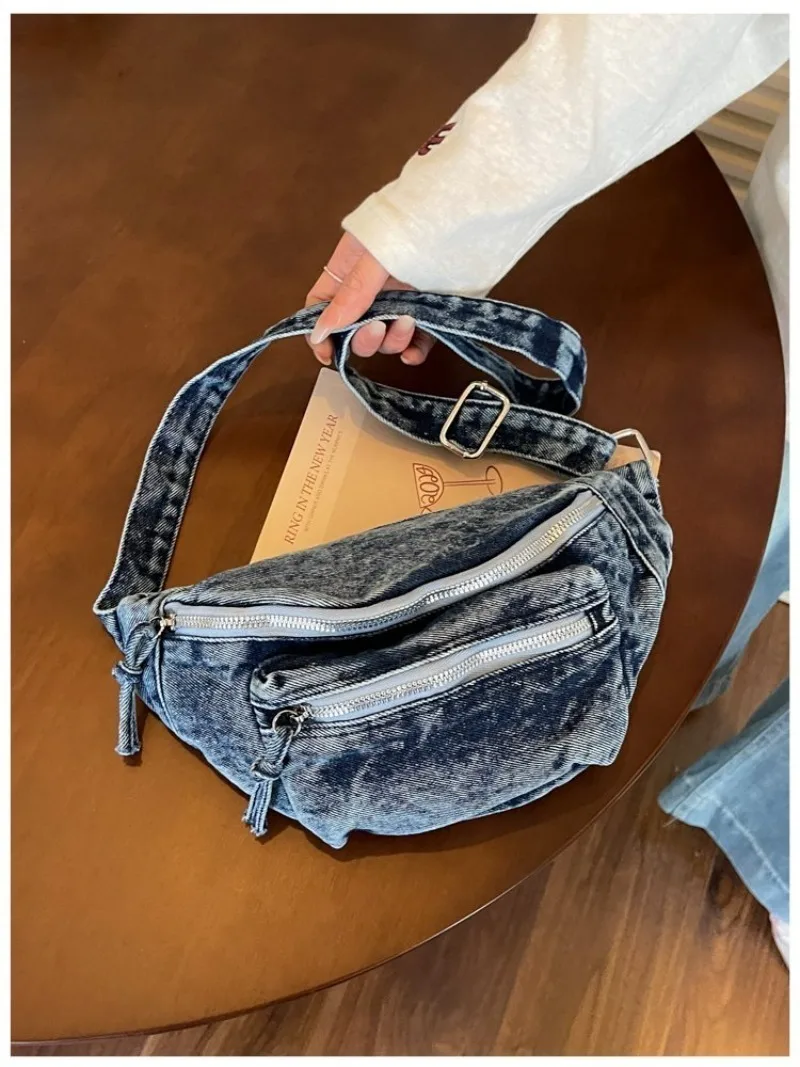 Damen Vintage Washed Denim Tasche mit Mehreren Taschen, Verstellbarer Riemen Crossbody Gürteltasche für Tägliche Aufgaben und Outdoor-Aktivitäten – Detail 12