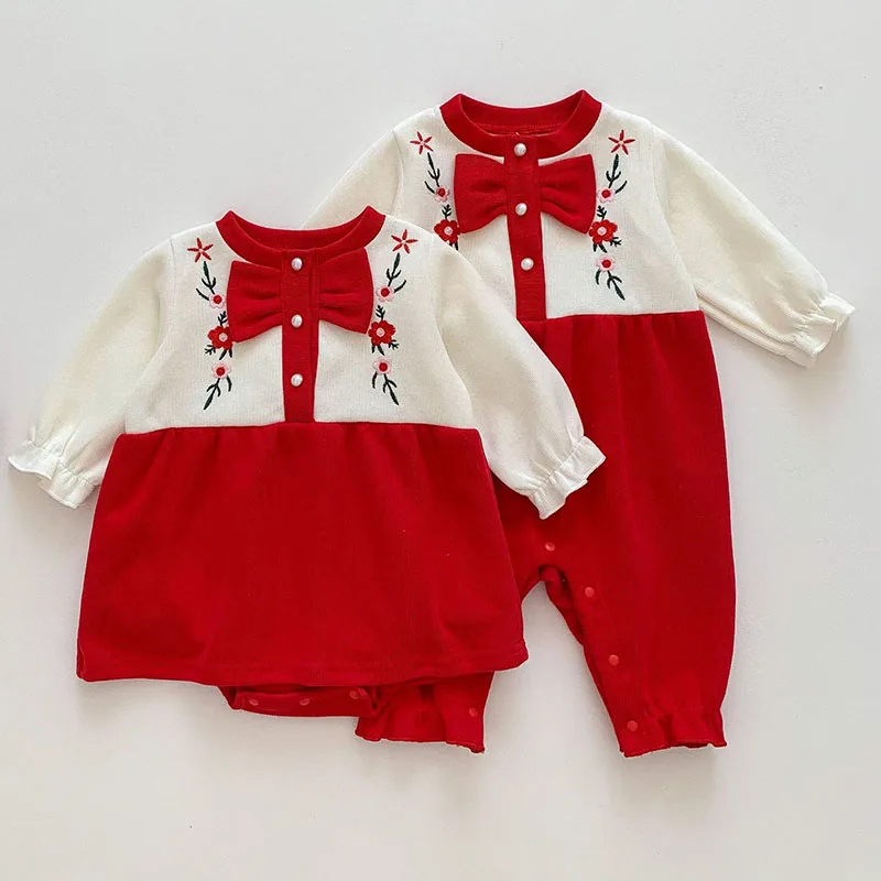 

Newborn Baby Girls Jumpsuit Flower Embroidery Splicing Cotton Long Sleeve Infant Baby Girls Romper Spring Autumn Baby Clothes