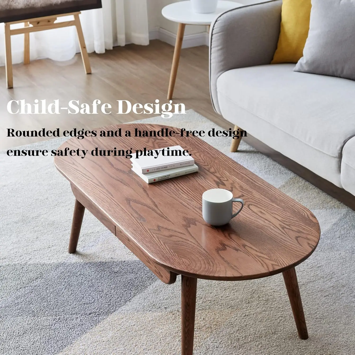 Mid Century Modern Oval Coffee Table With Storage - Simple Assembly (Walnut, 47.24"), Customized