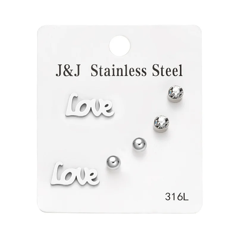 

3 Pairs of Love Diamond Combination Card Stud Earrings Set Korean Version Fashion Jewelry for 2024 New Starmoon Tree Gift Feast