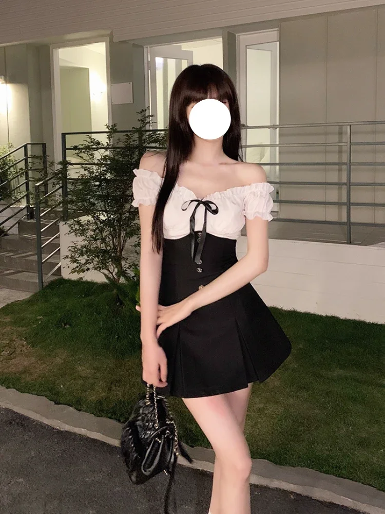 Elegant 2 Piece Dress Set Women Casual White Kawaii Blouse Female High Waist Y2k Black Skirt Slim Lolita Clothing 2023 Summer