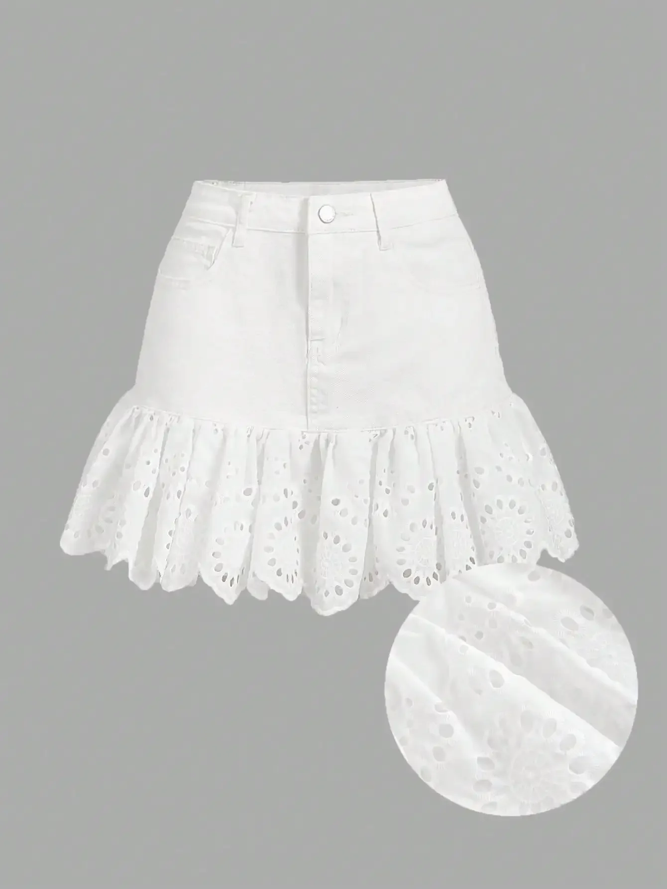 

Women's White Denim Mini Skirt with Lace Ruffle Hem, Casual Fitted Summer Style