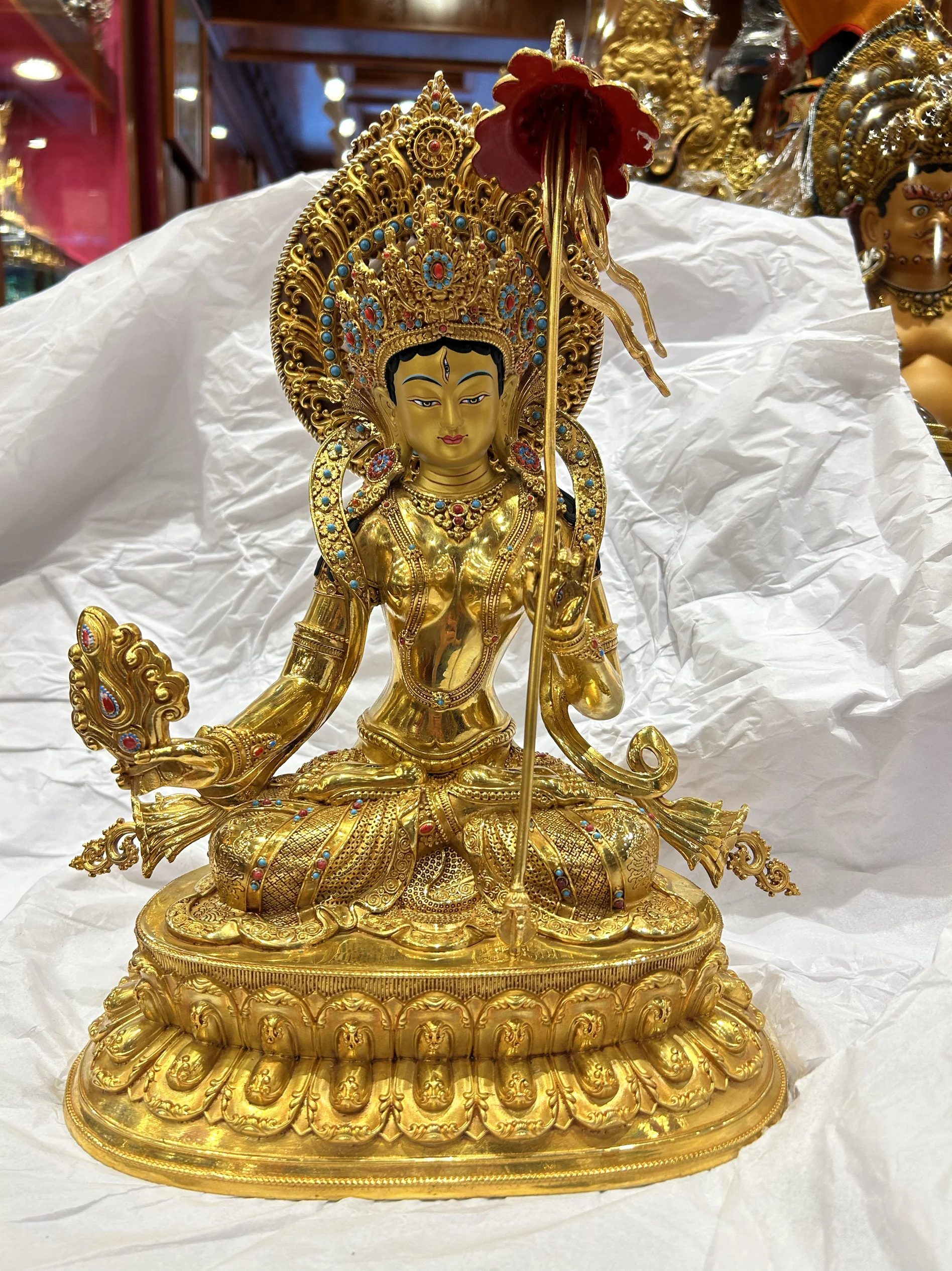 

Nepalese Shakyamuni handmade purple copper gilded 37cm large white umbrella cover Buddha statue